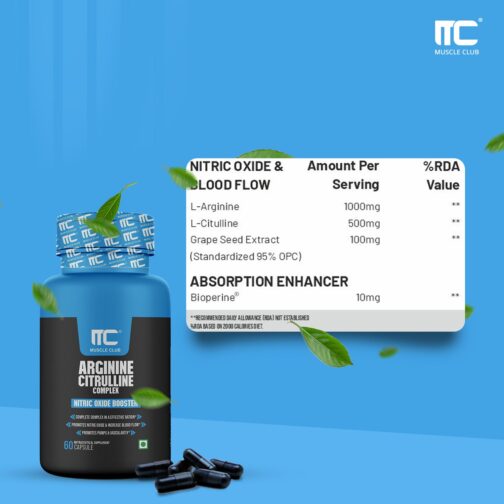 Muscle Club Arginine Citrulline Complex - Nitric Oxide Booster with Grape Seed Extract, 60 Caps - Image 4